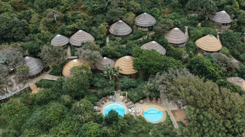 Aerial view of Thonga Beach Lodge tucked into the dune forest at Mabibi